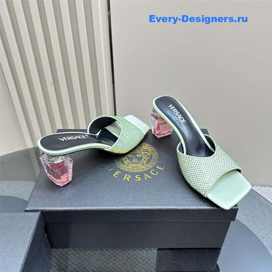 Versace Chunky Crystal Perfume Heels Mules in Mint