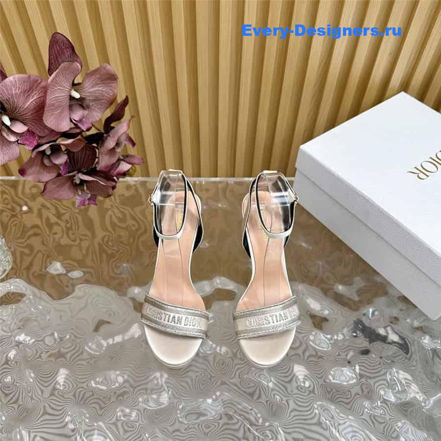 Dway Silver Cotton Embroidered Heeled Sandals