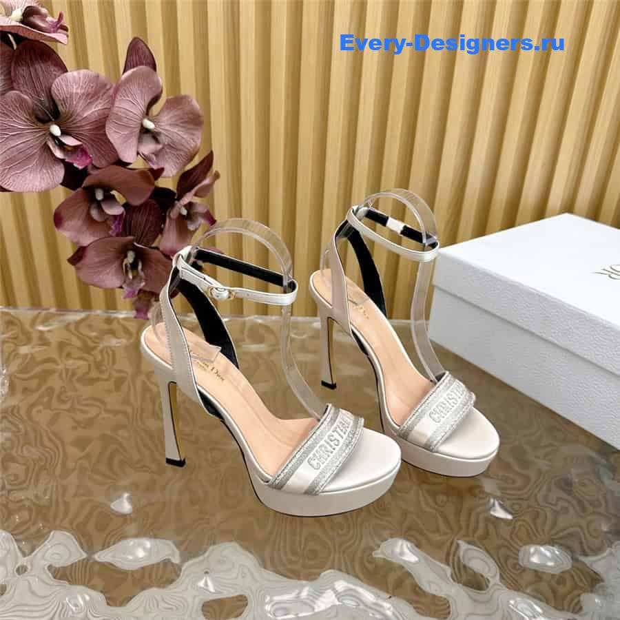 Dway Silver Cotton Embroidered Heeled Sandals