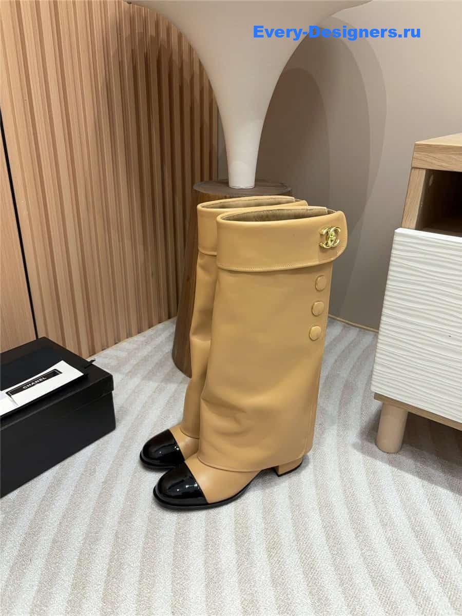 Ch**el brown leather foldover logo high boots