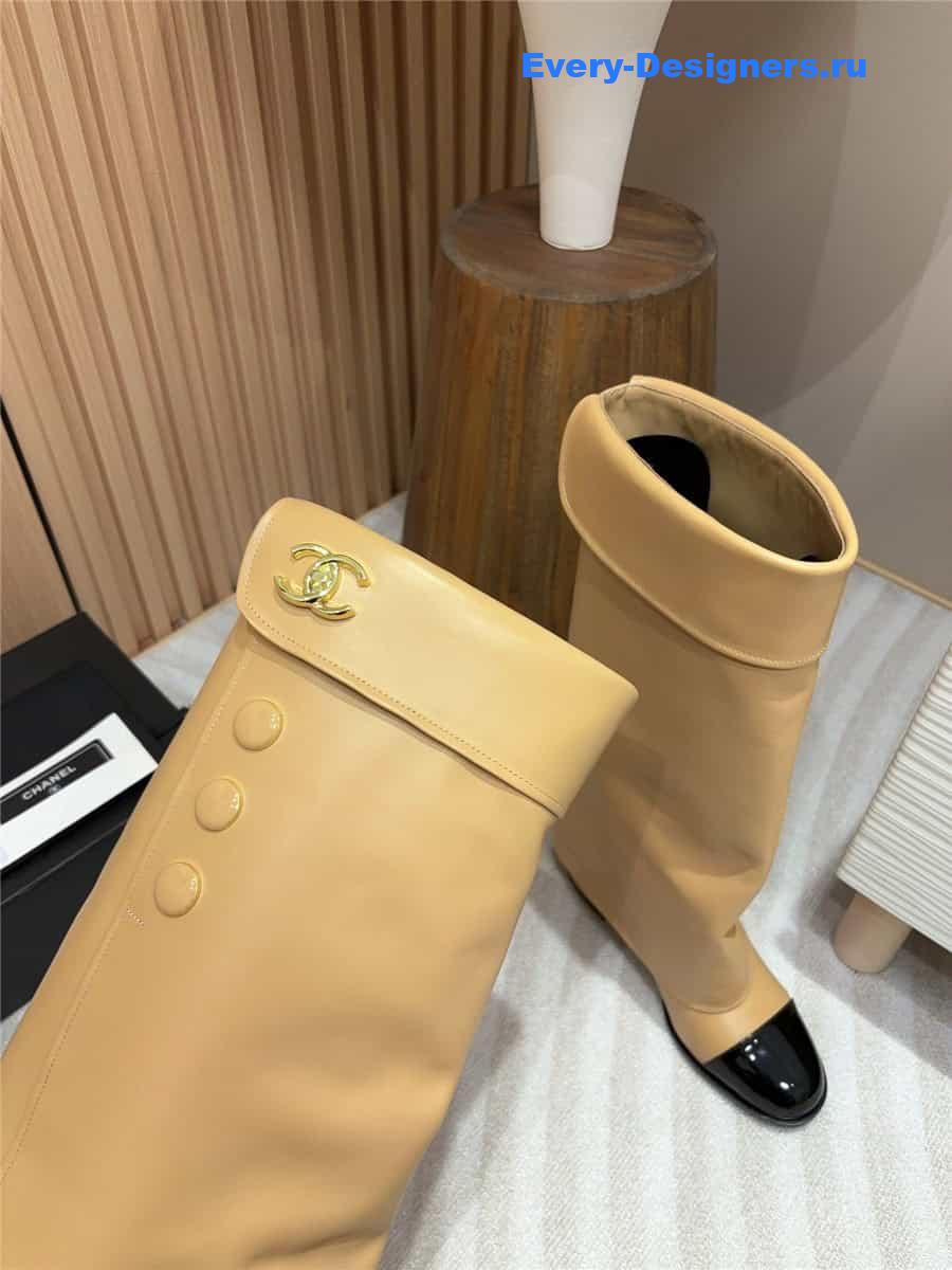 Ch**el brown leather foldover logo high boots