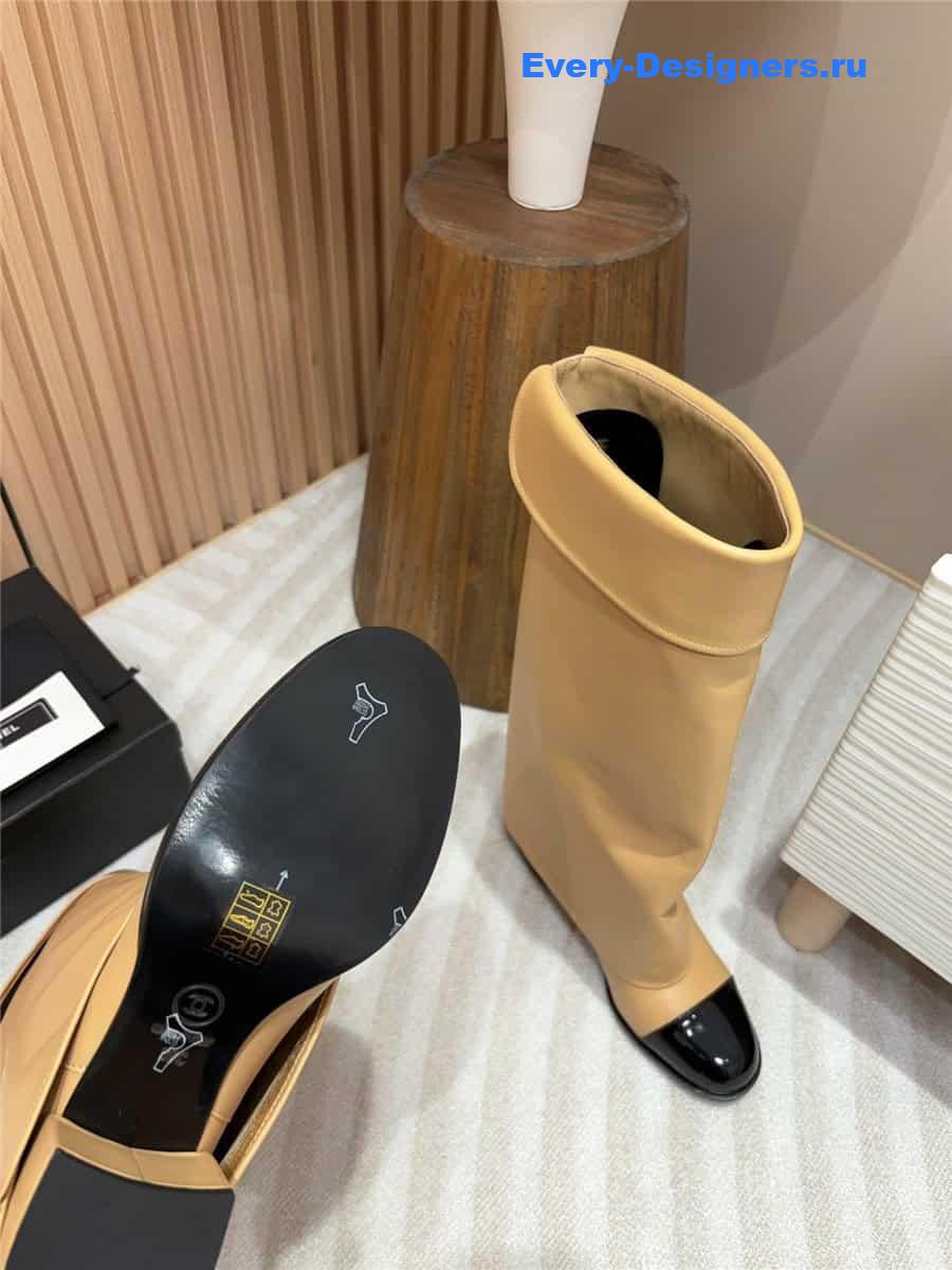 Ch**el brown leather foldover logo high boots