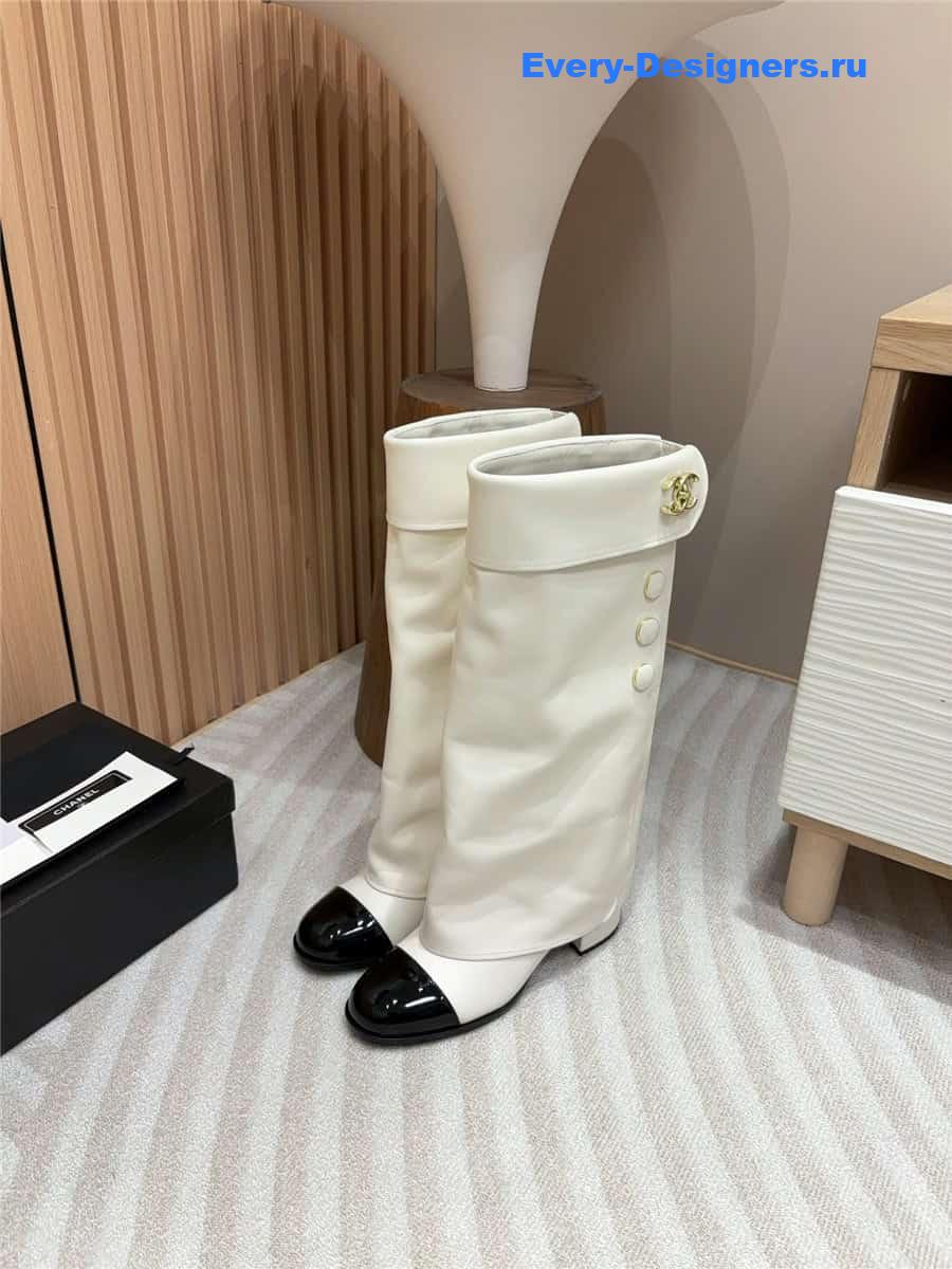 Ch**el white leather foldover logo high boots
