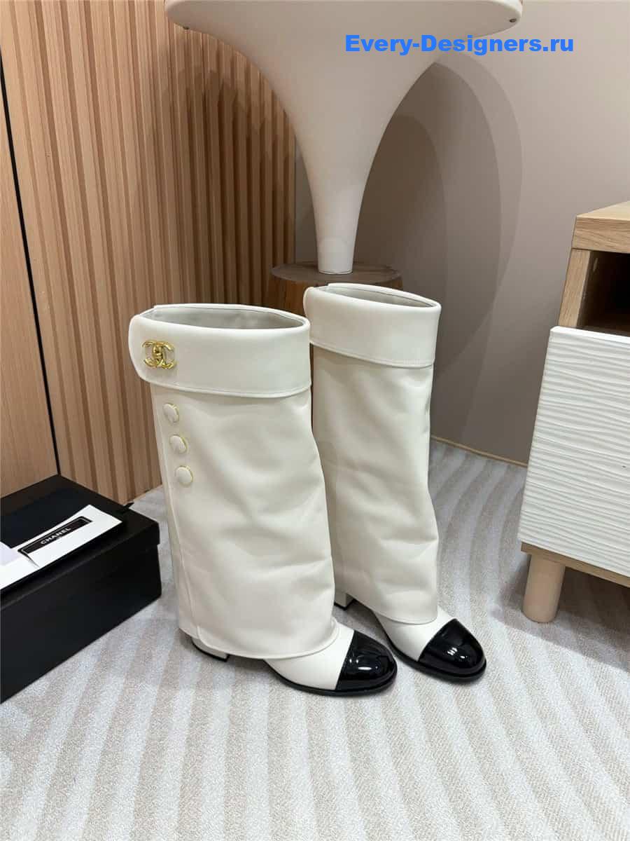Ch**el white leather foldover logo high boots