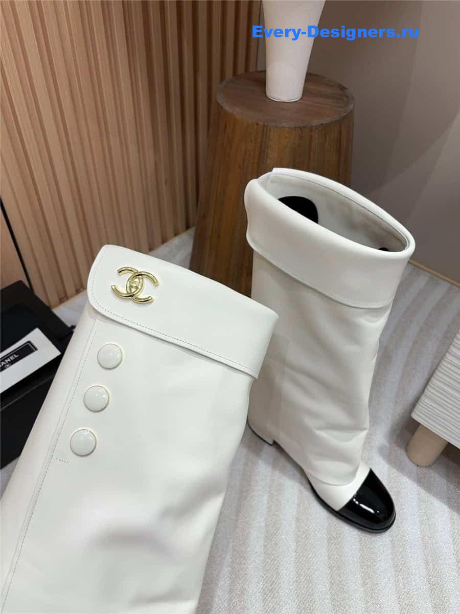 Ch**el white leather foldover logo high boots