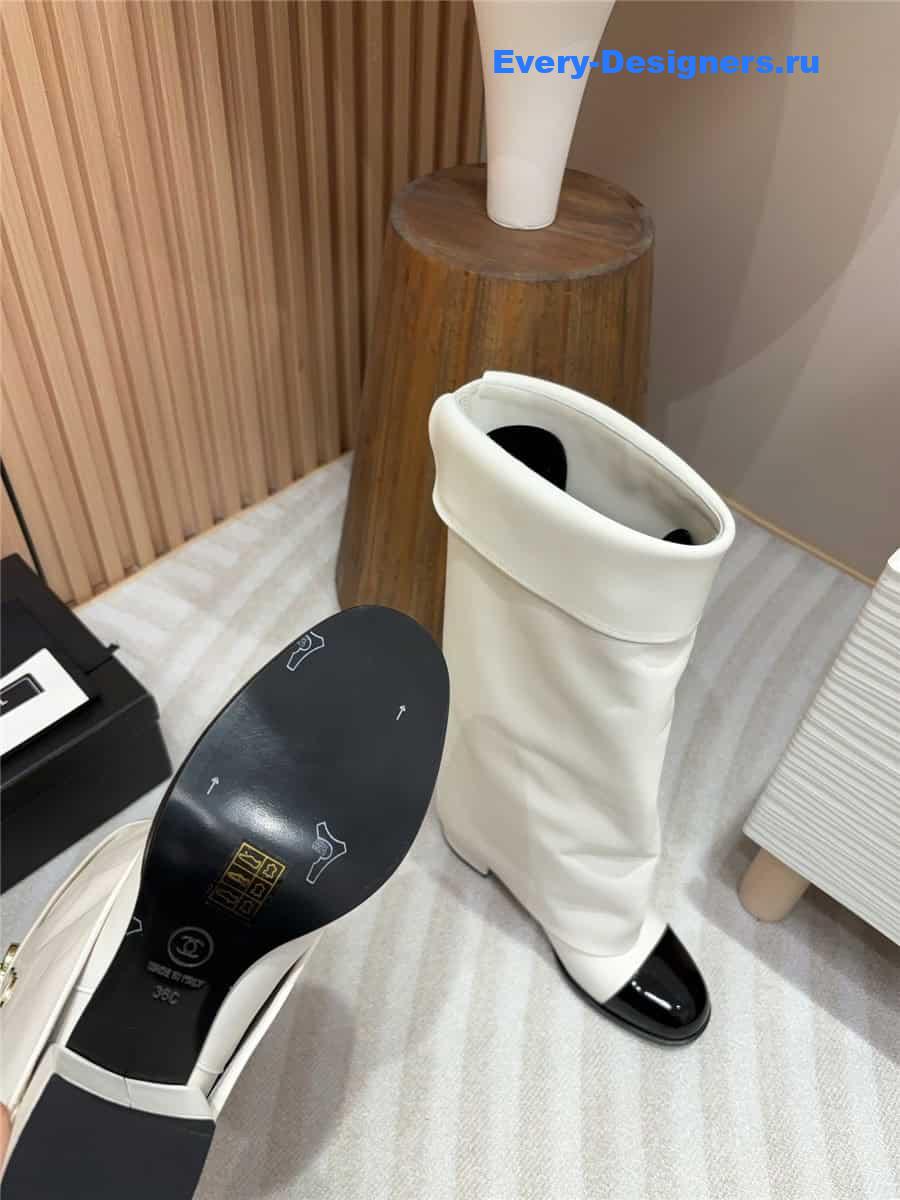 Ch**el white leather foldover logo high boots