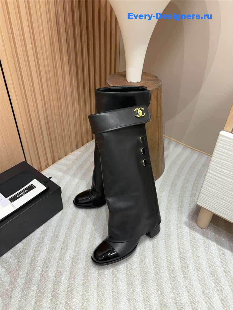 Ch**el leather foldover logo high boots