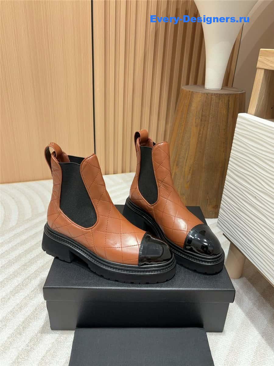 Ch**el brown calfskin patent cap toe ankle boots