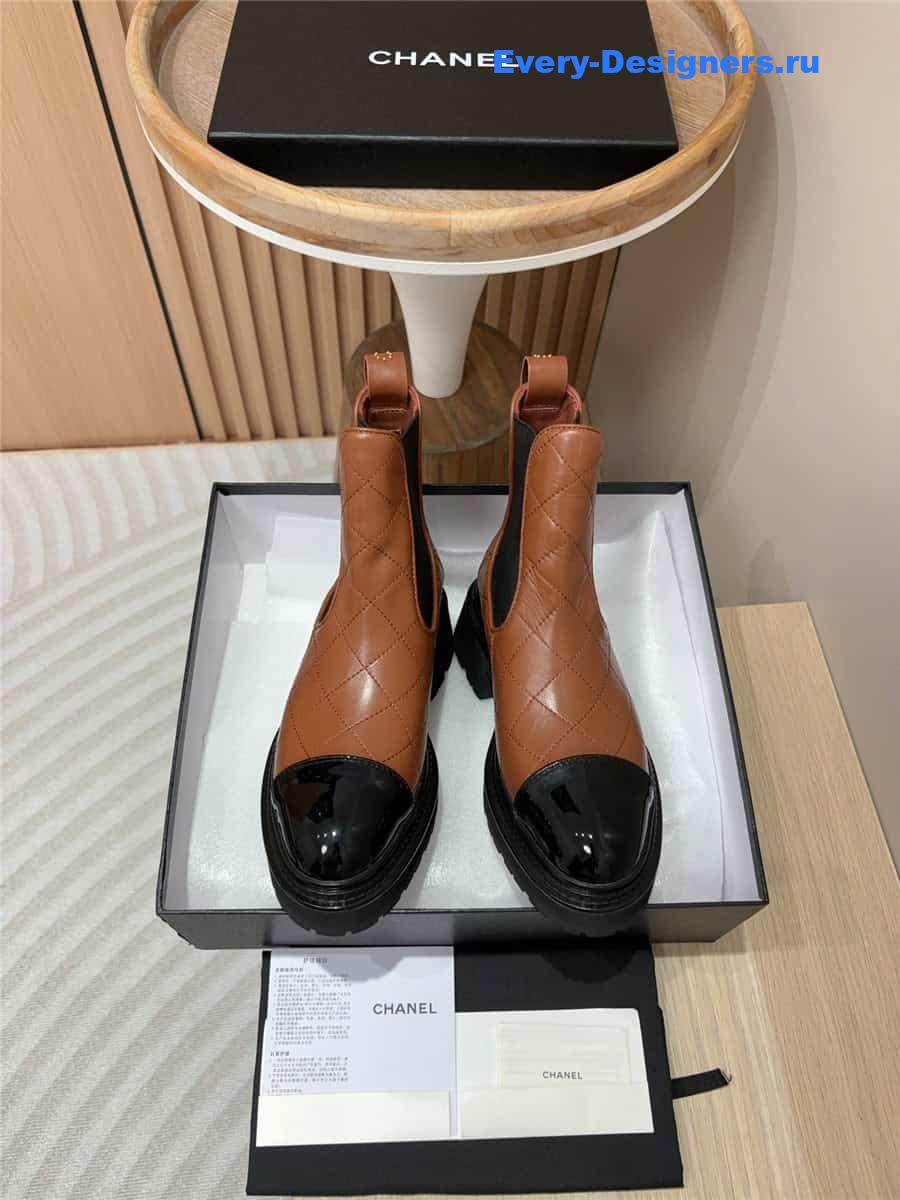 Ch**el brown calfskin patent cap toe ankle boots