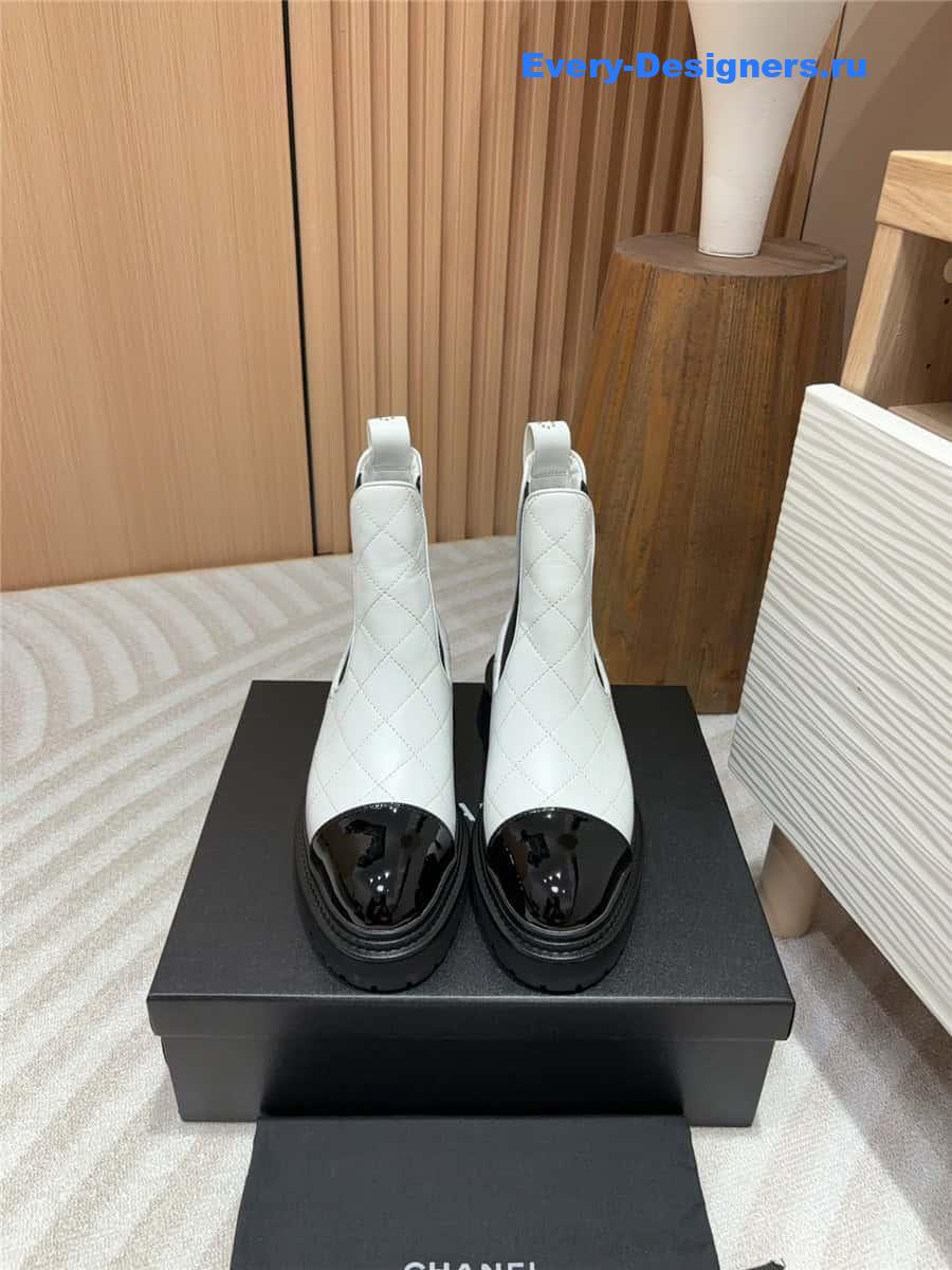 Ch**el white calfskin patent cap toe quilted ankle boots