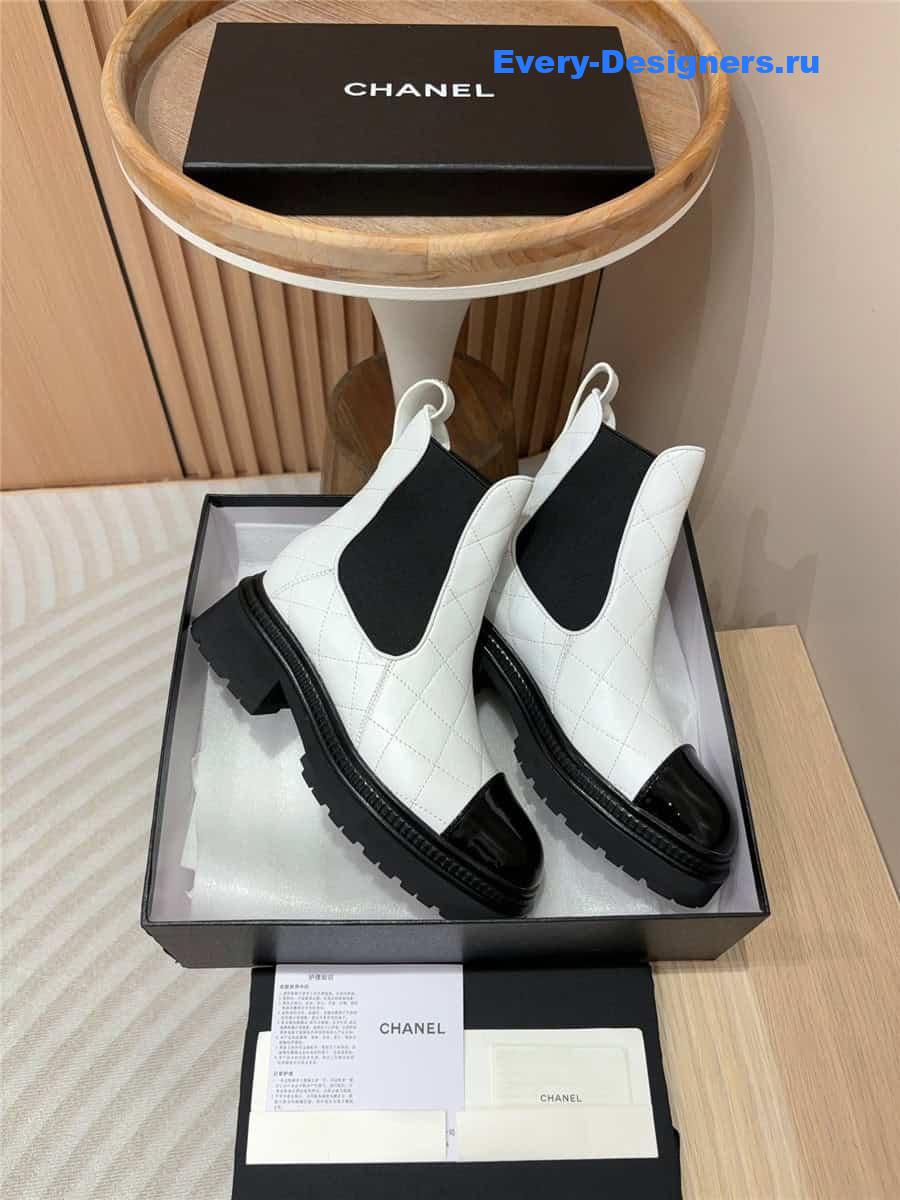 Ch**el white calfskin patent cap toe quilted ankle boots