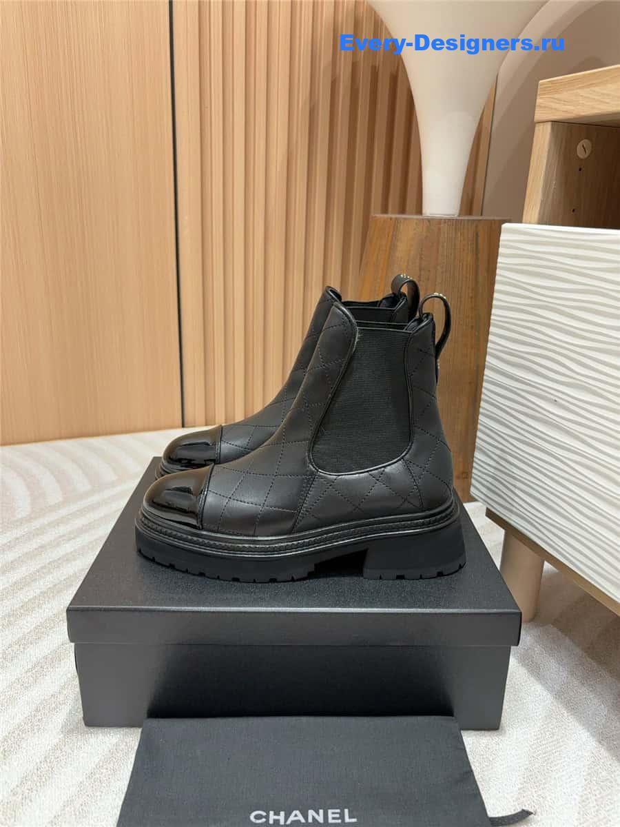 Ch**el calfskin patent cap toe quilted ankle boots