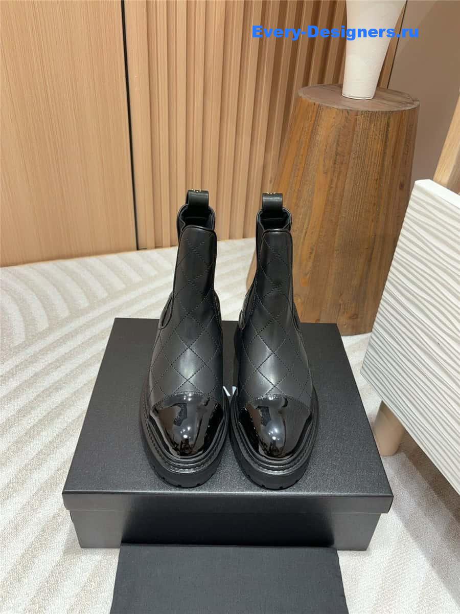 Ch**el calfskin patent cap toe quilted ankle boots