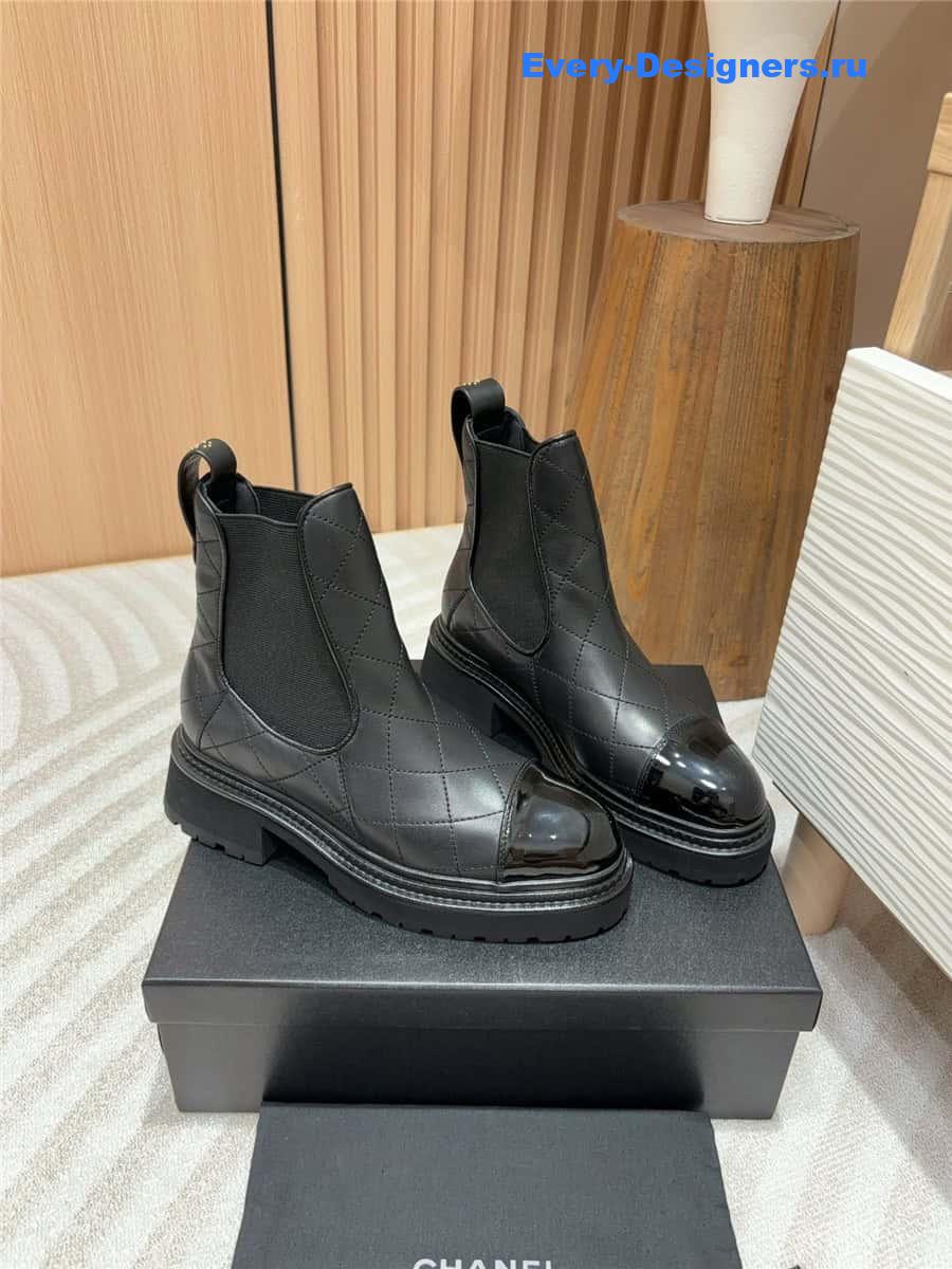 Ch**el calfskin patent cap toe quilted ankle boots