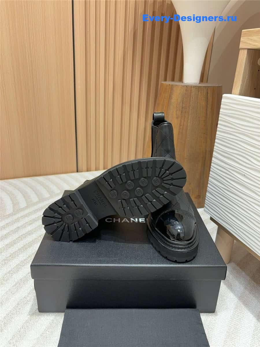 Ch**el calfskin patent cap toe quilted ankle boots