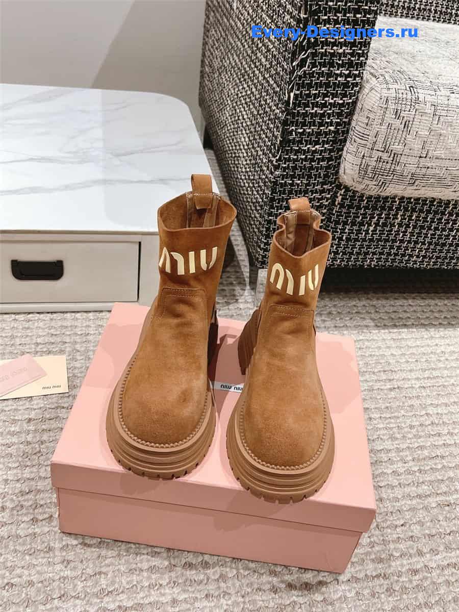 Miu Miu Logo Brown Sedue Platform Ankle Boot