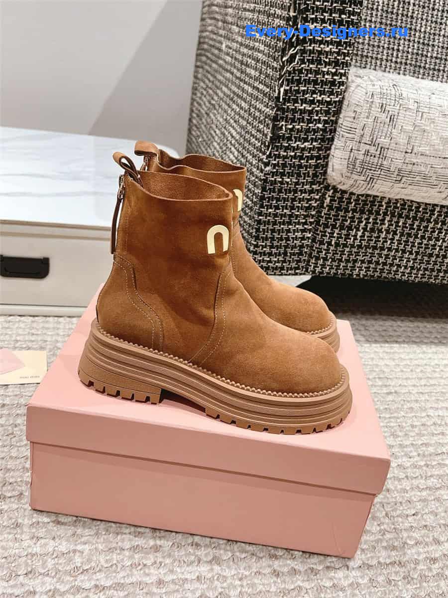 Miu Miu Logo Brown Sedue Platform Ankle Boot