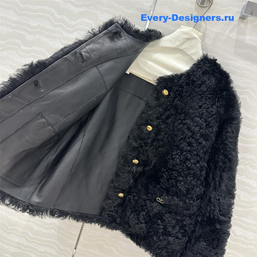 Ce1i*e black round fur tweed jacket