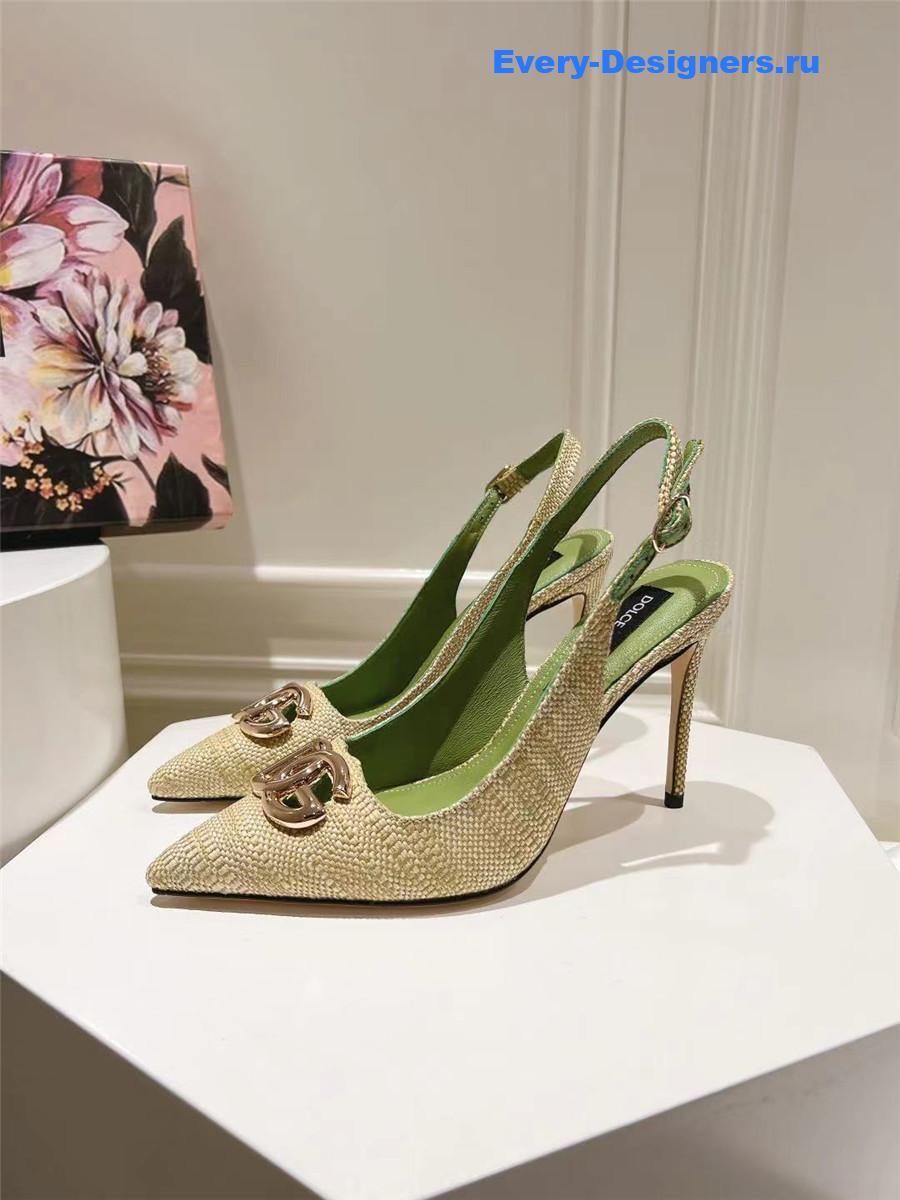 Dolce & Gabbana Green Logo Raffia Slingbacks
