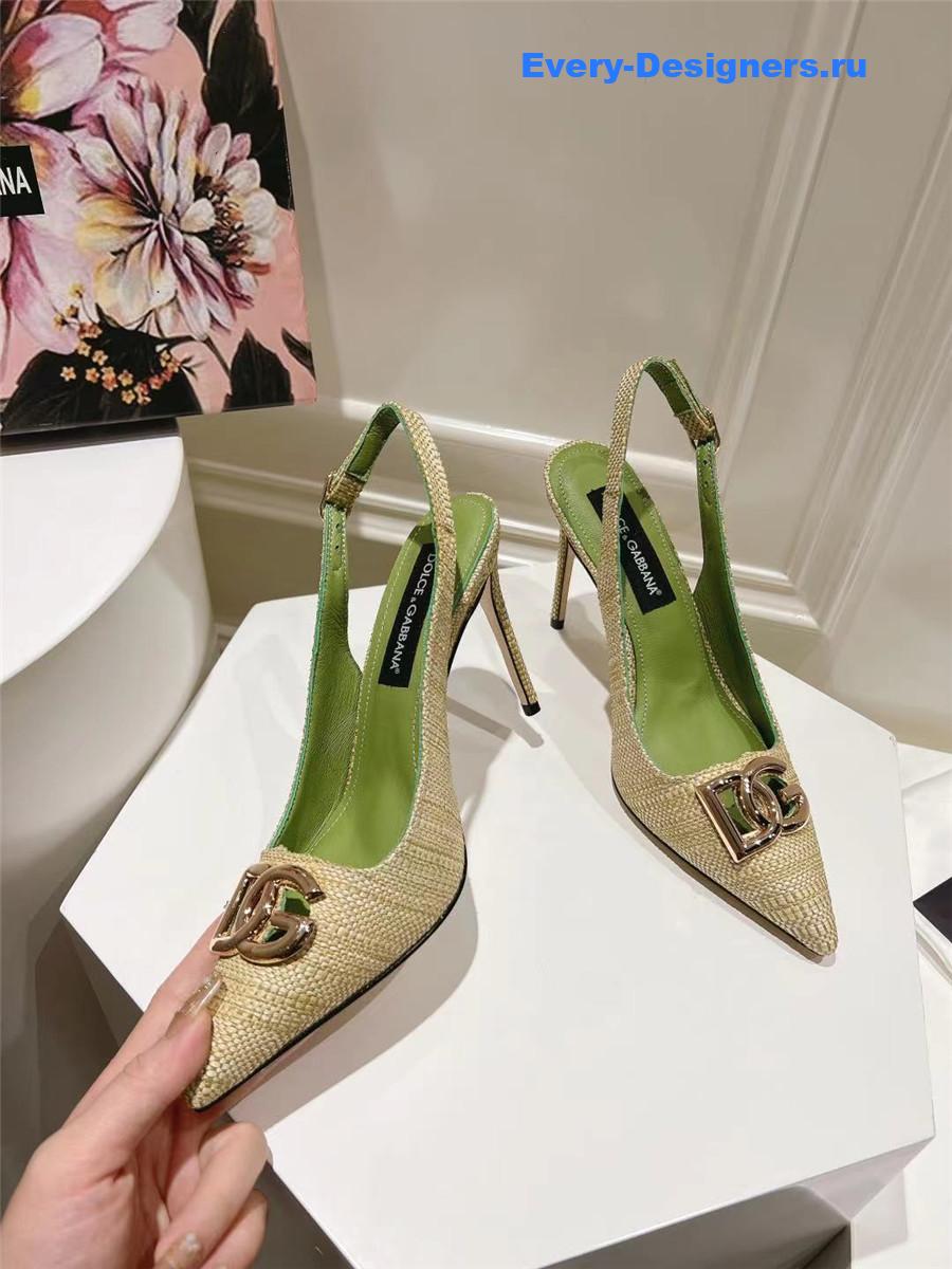 Dolce & Gabbana Green Logo Raffia Slingbacks