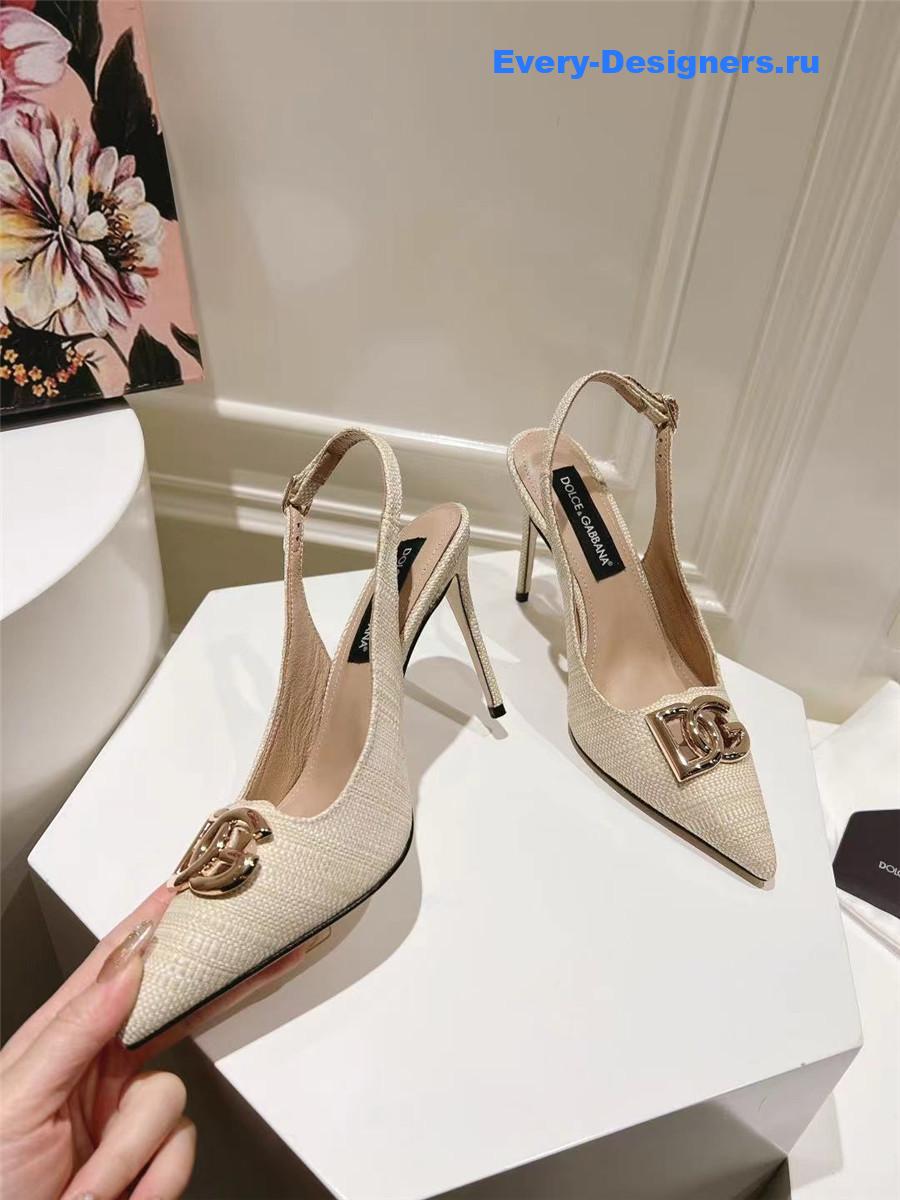 Dolce & Gabbana Neutral Raffia Slingbacks with Logo