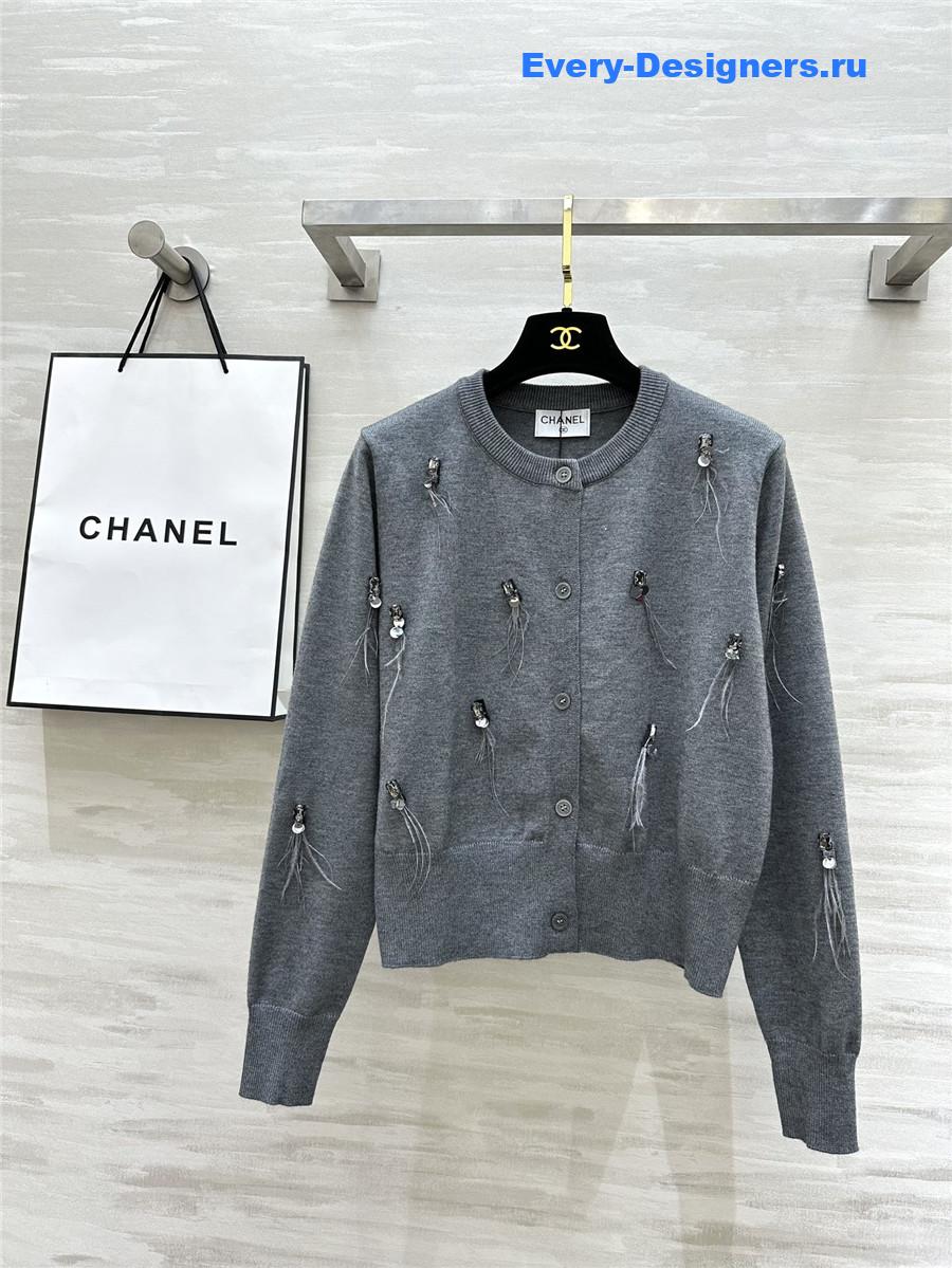 Ch**el feather beaded wool cardigan grey