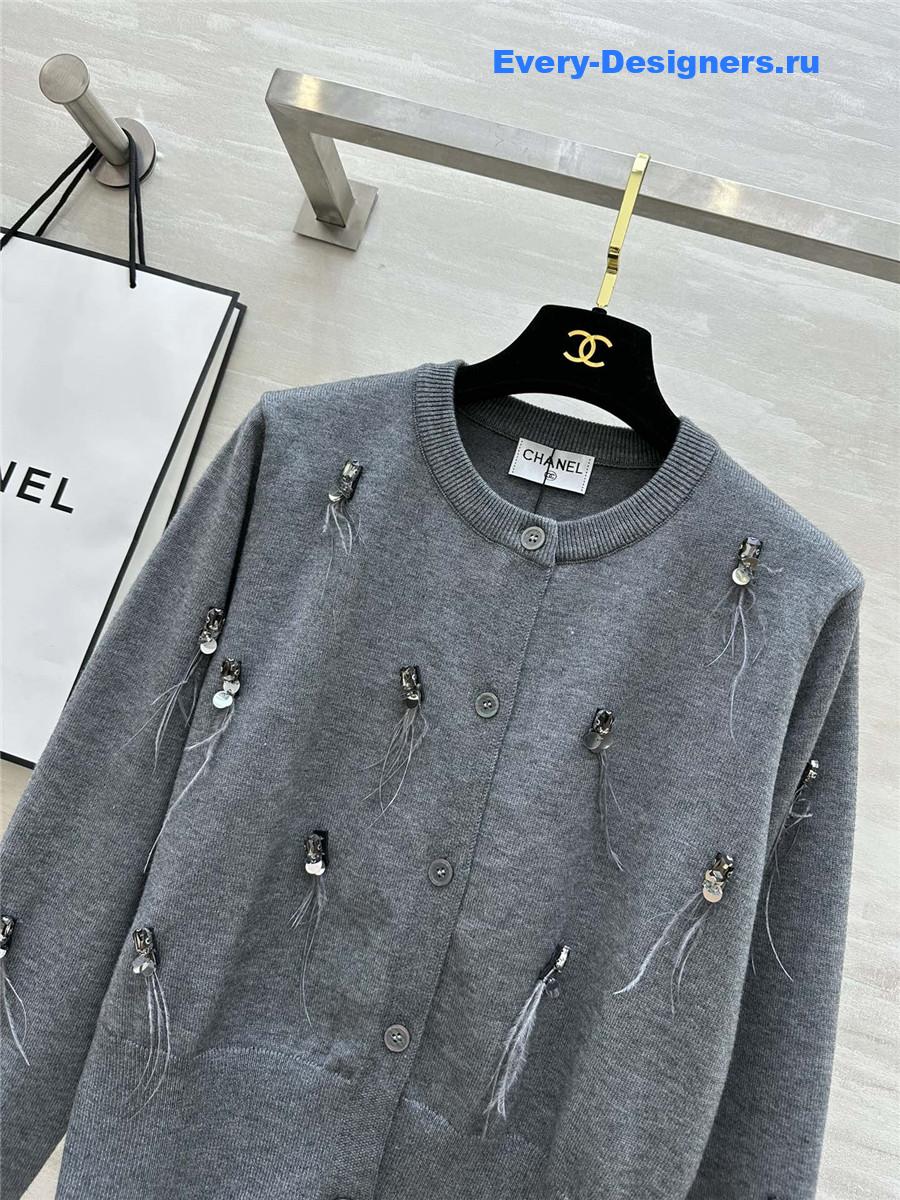 Ch**el feather beaded wool cardigan grey