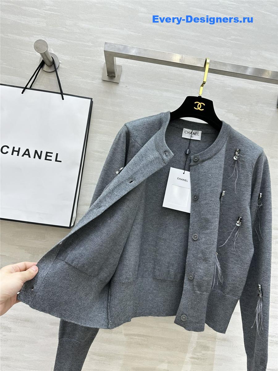 Ch**el feather beaded wool cardigan grey