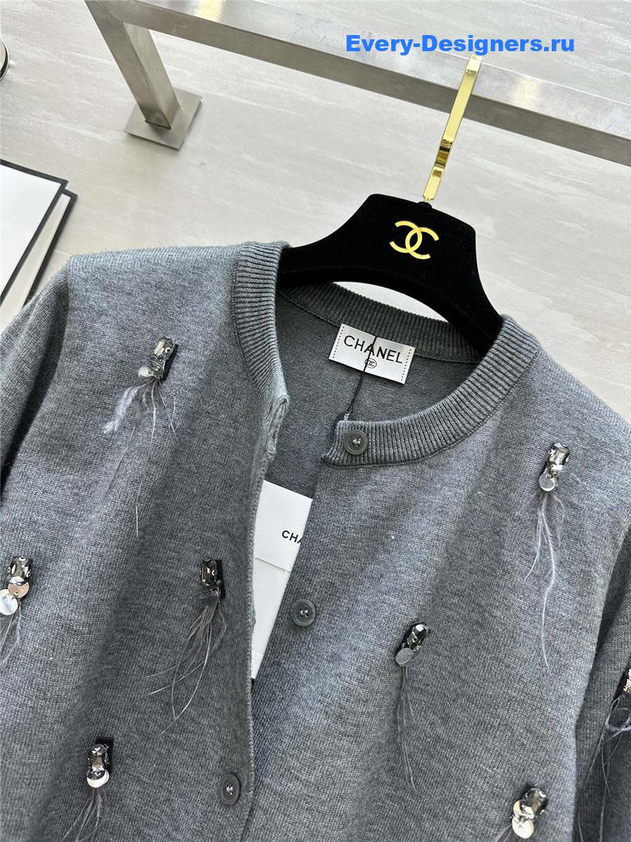 Ch**el feather beaded wool cardigan grey
