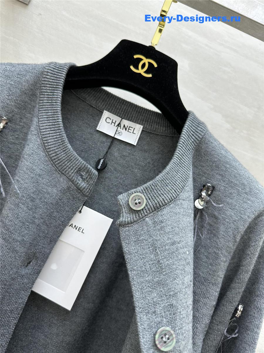Ch**el feather beaded wool cardigan grey