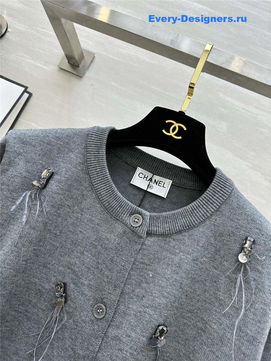 Ch**el feather beaded wool cardigan grey