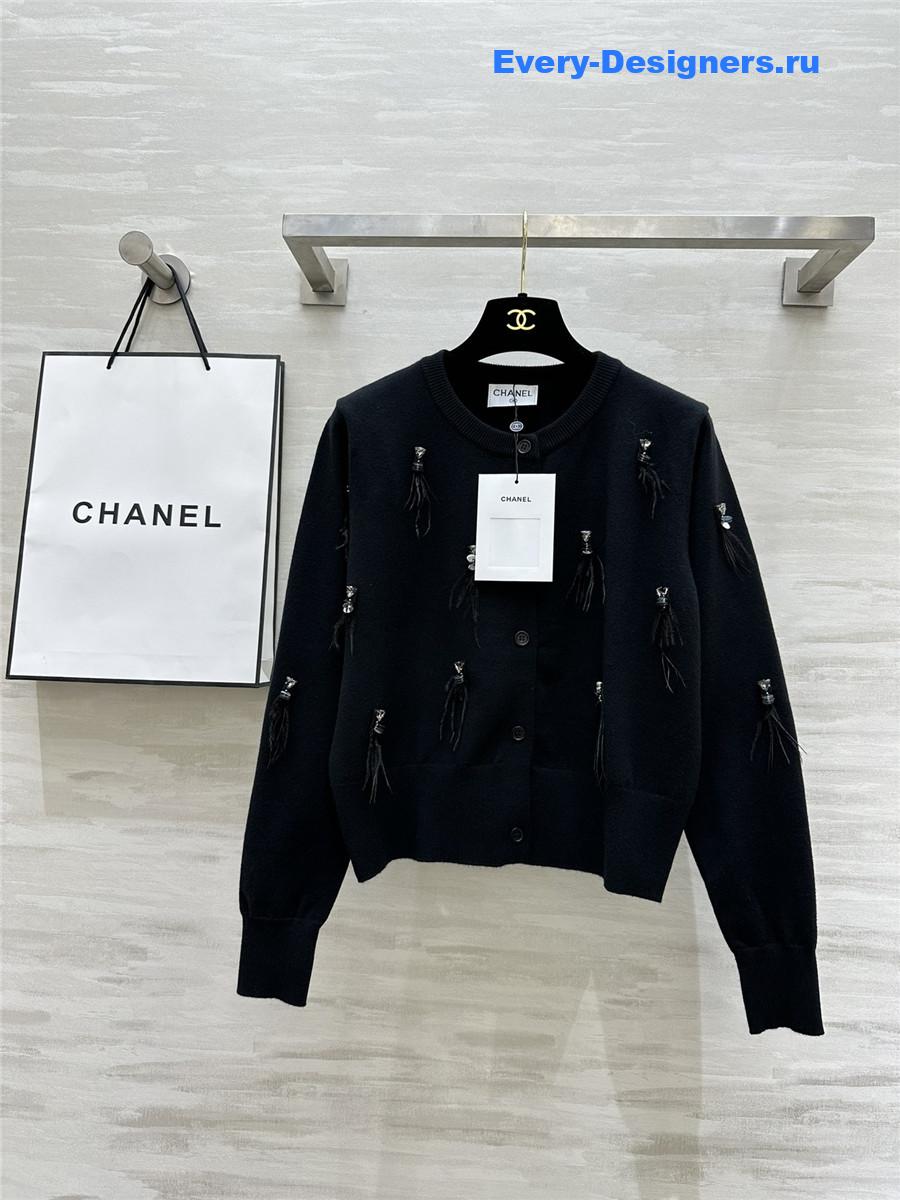 Ch**el feather beaded wool cardigan in black