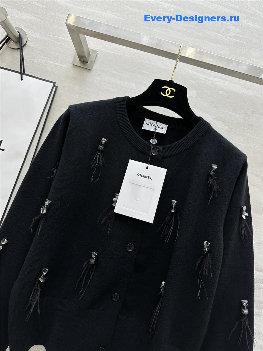 Ch**el feather beaded wool cardigan in black