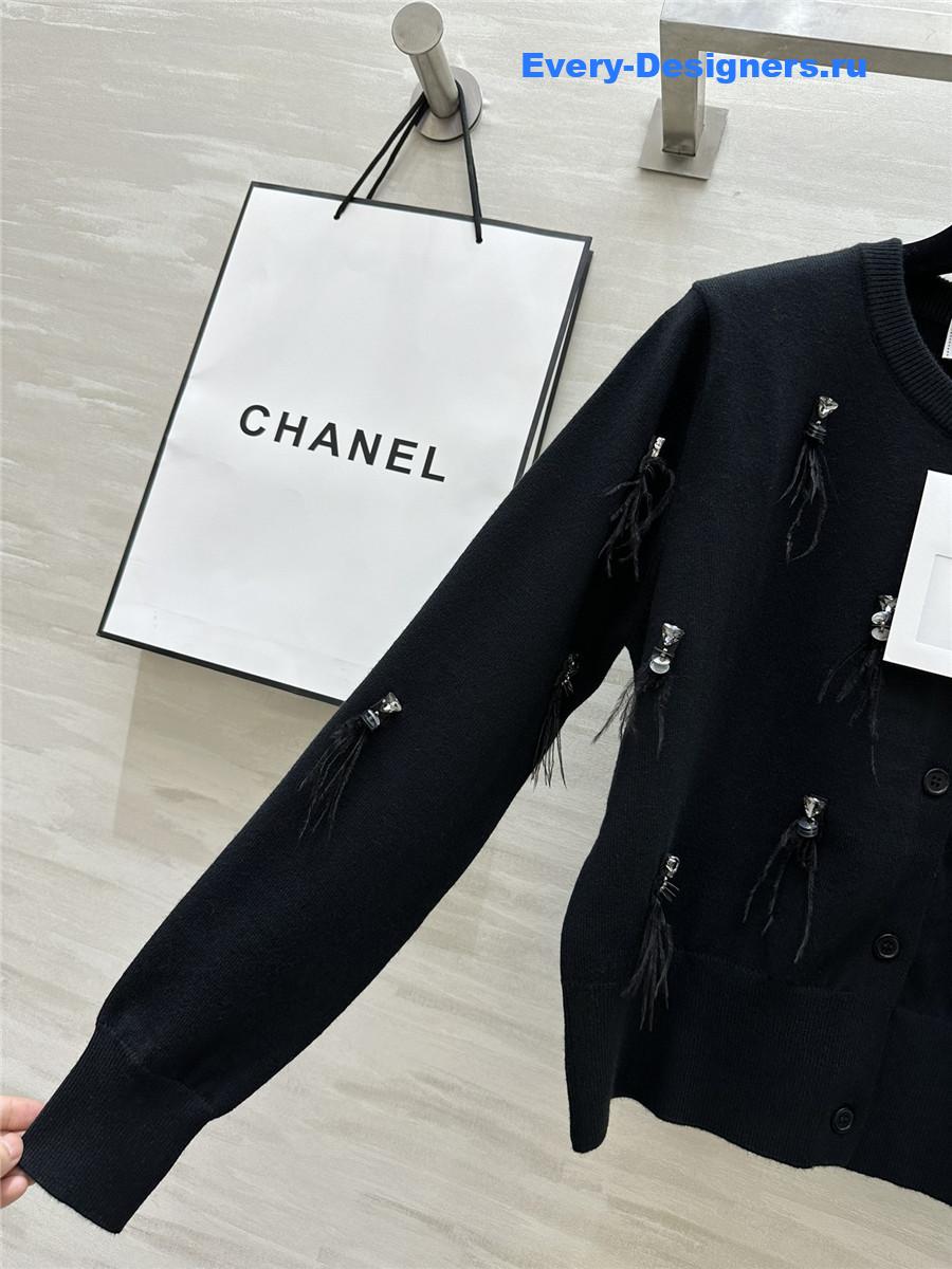 Ch**el feather beaded wool cardigan in black