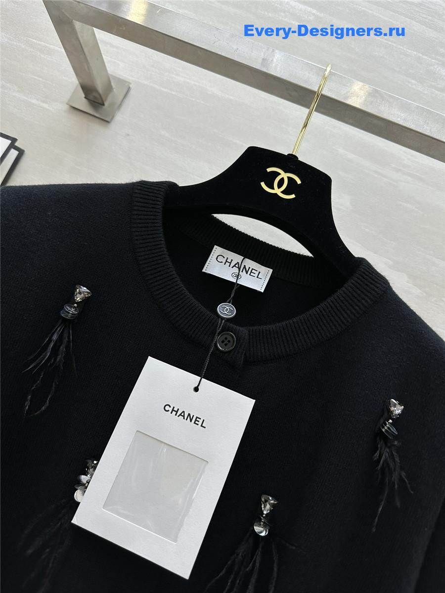 Ch**el feather beaded wool cardigan in black