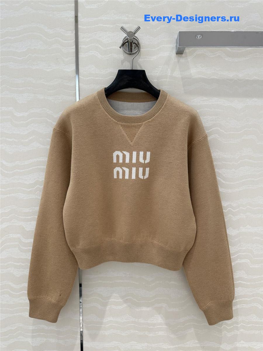 Miu Miu Logo Short Knit Sweater Beige