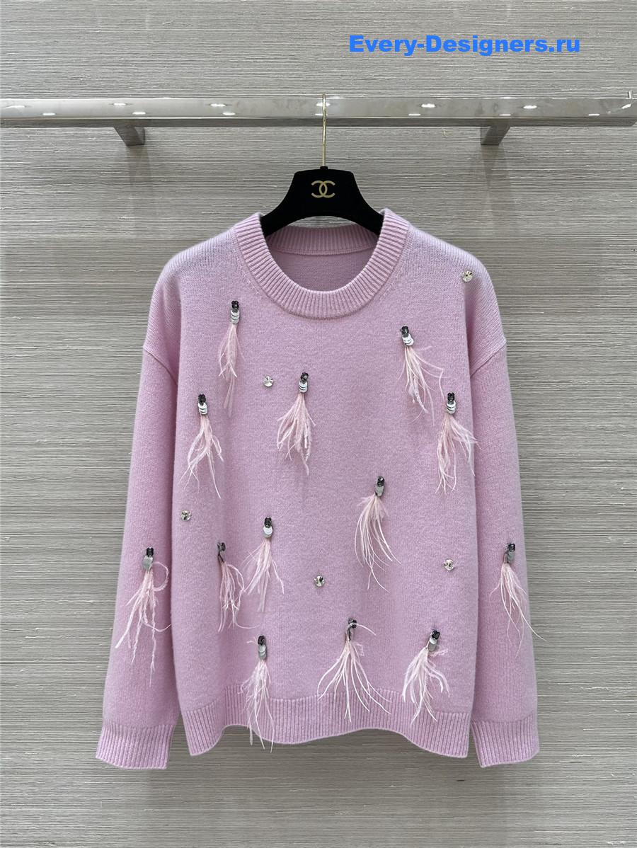 Ch**el sequin feather cashmere sweater pink