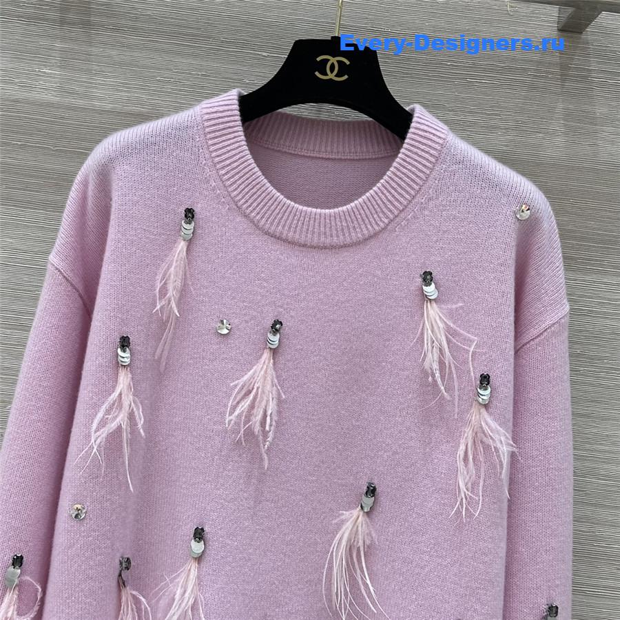 Ch**el sequin feather cashmere sweater pink
