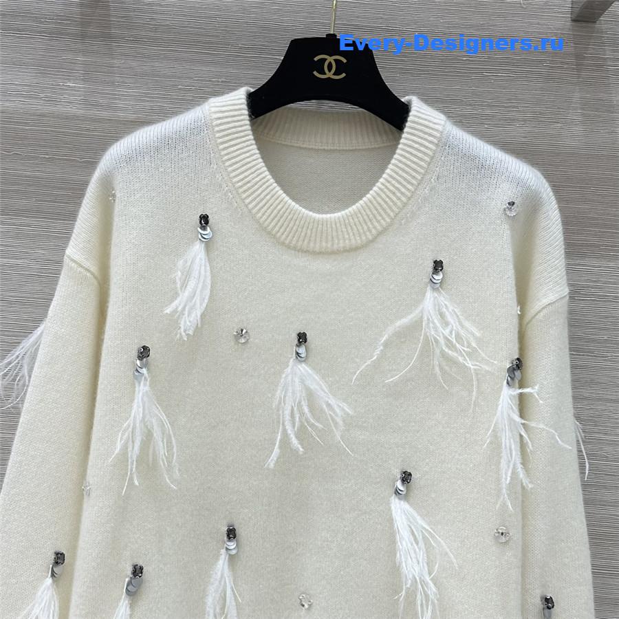 Ch**el sequin feather cashmere sweater white