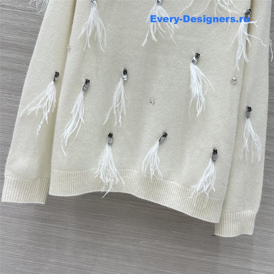 Ch**el sequin feather cashmere sweater white