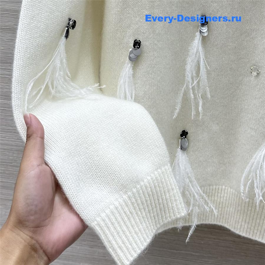 Ch**el sequin feather cashmere sweater white