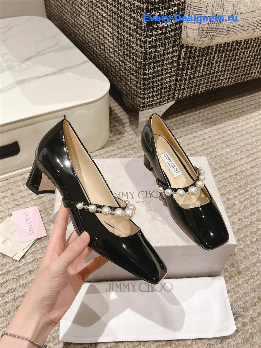 J1m*y Ch00 ade 45 black patent leather pumps