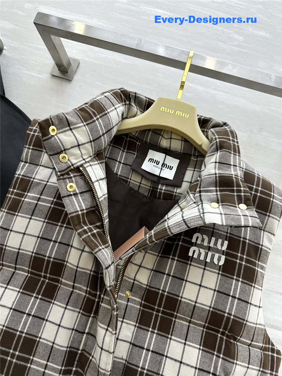 Miu Miu Brown And White Plaid Down Vest