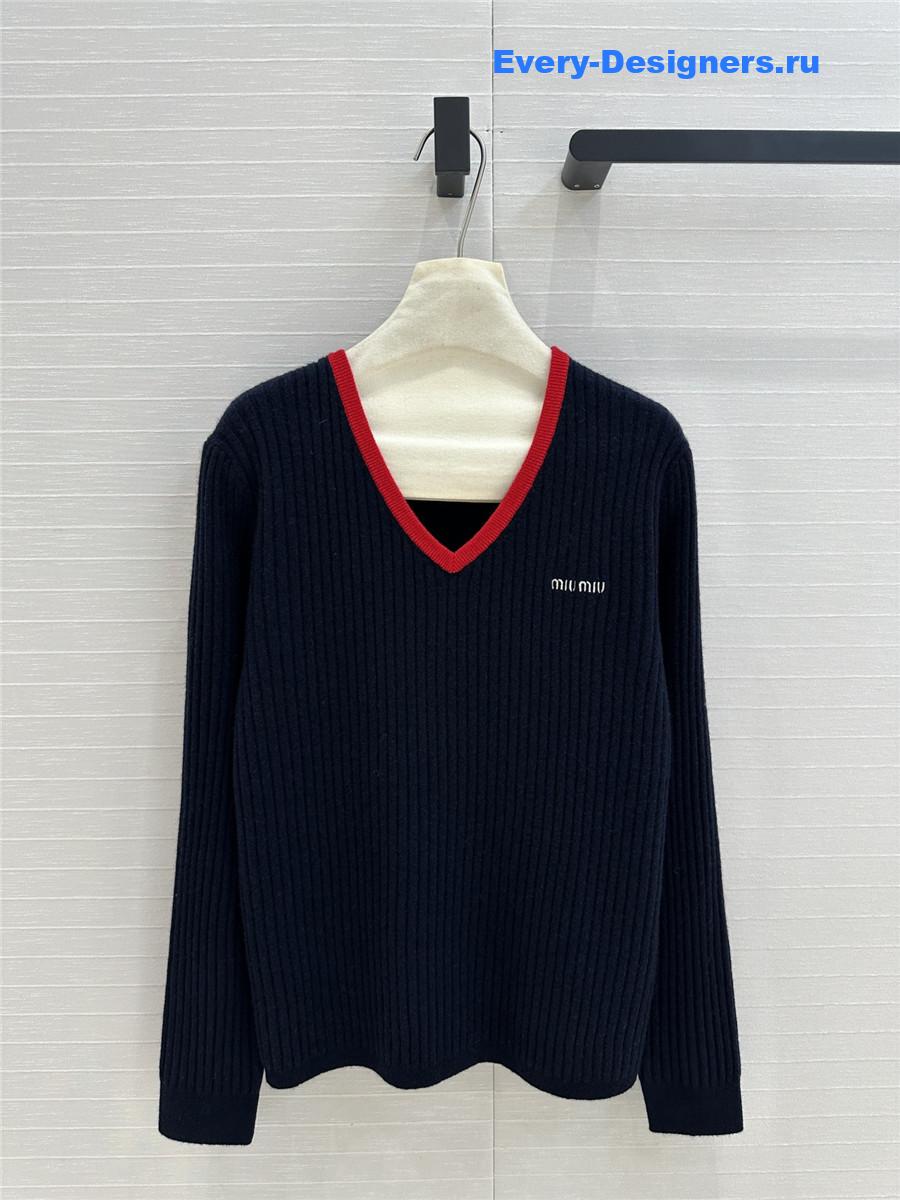 Miu Miu Ribbed V-Neck Cashmere Sweater