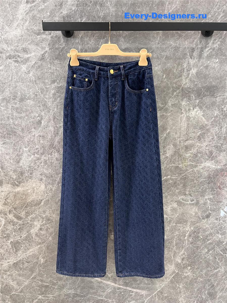 M1um1u letter flocked denim wide-leg pants
