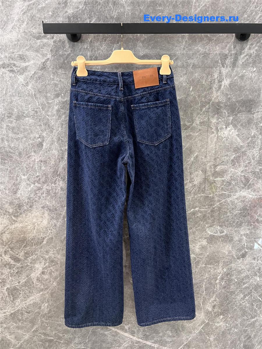 M1um1u letter flocked denim wide-leg pants