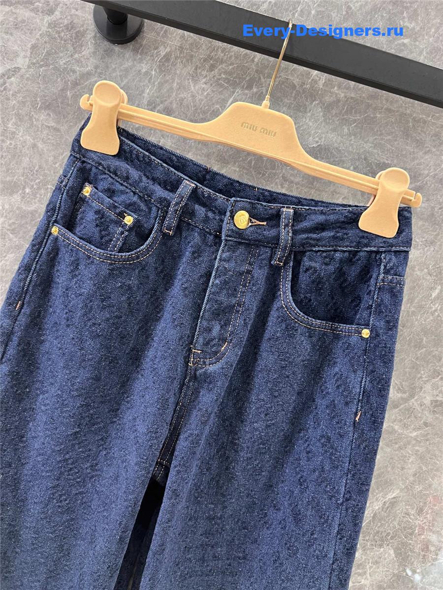 M1um1u letter flocked denim wide-leg pants