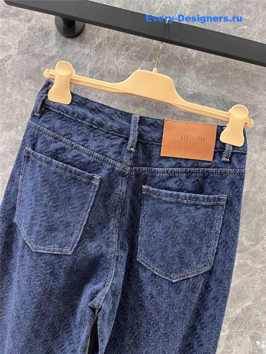 M1um1u letter flocked denim wide-leg pants