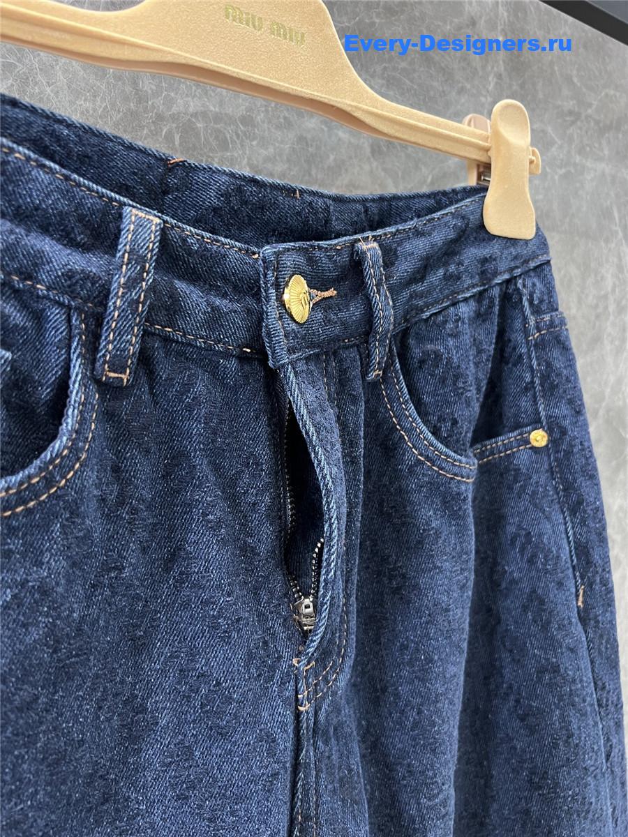 M1um1u letter flocked denim wide-leg pants