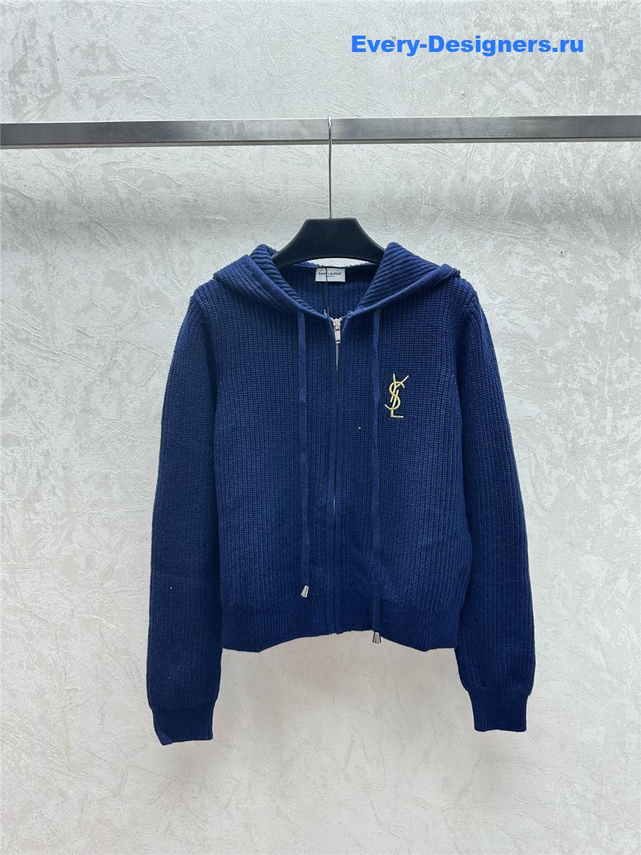Y51 rib-knit zip-up hooded cardigan blue